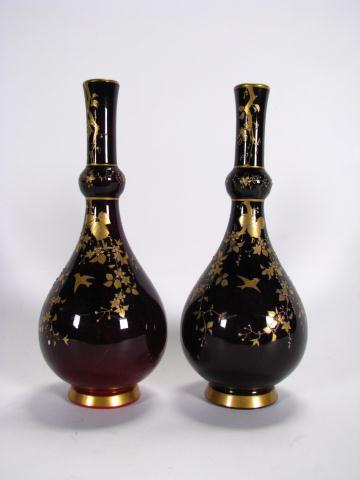 Appraisal: Pair of Ruby case glass bottles gold floral and bird