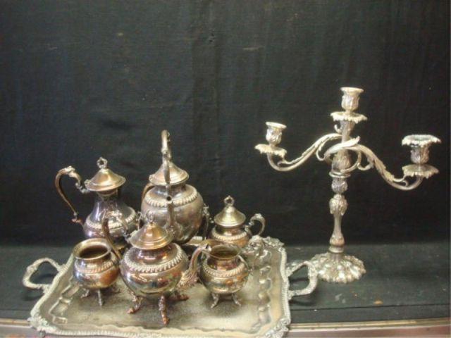 Appraisal: Silverplate Tea Set and Candelabra Candelabra is great quality but