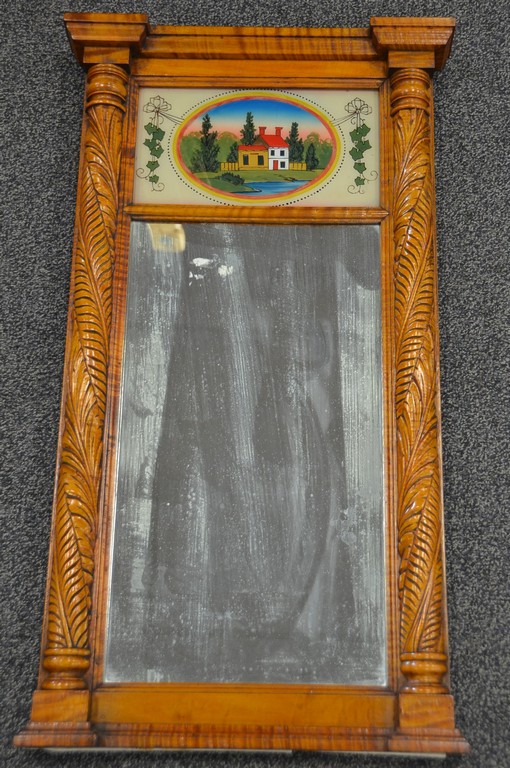 Appraisal: Figured maple Federal wall mirror with carved half spindles and