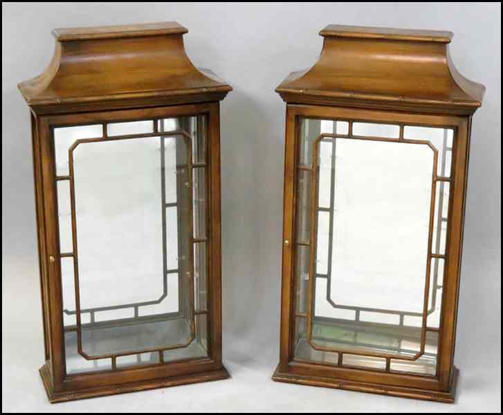 Appraisal: PAIR OF CHINESE CHIPPENDALE STYLE MAHOGANY WALL MOUNTED VITRINES H