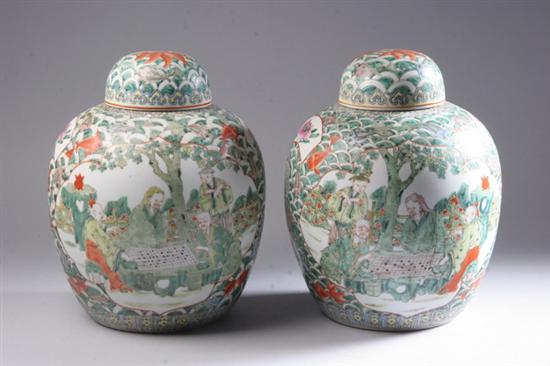 Appraisal: PAIR CHINESE FAMILLE VERTE PORCELAIN JARS AND COVERS th century