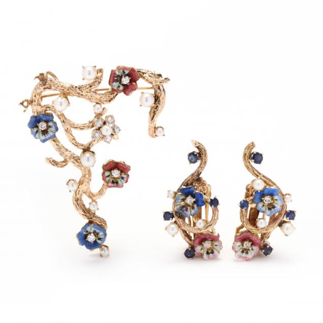 Appraisal: GOLD ENAMEL AND GEM-SET FLOWER MOTIF SET To include a