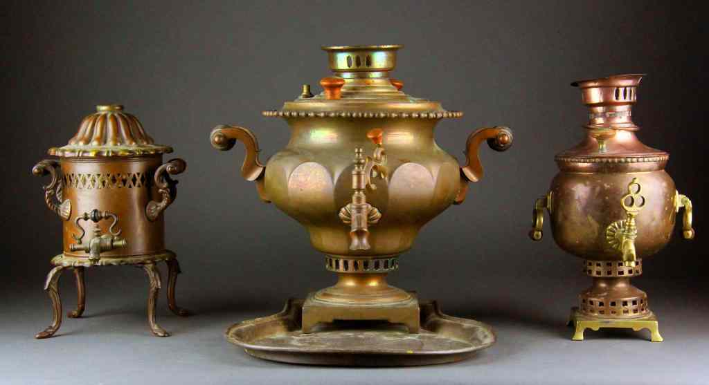 Appraisal: Regency Brass Samovars and Drip PanHaving a crimped edge shaped