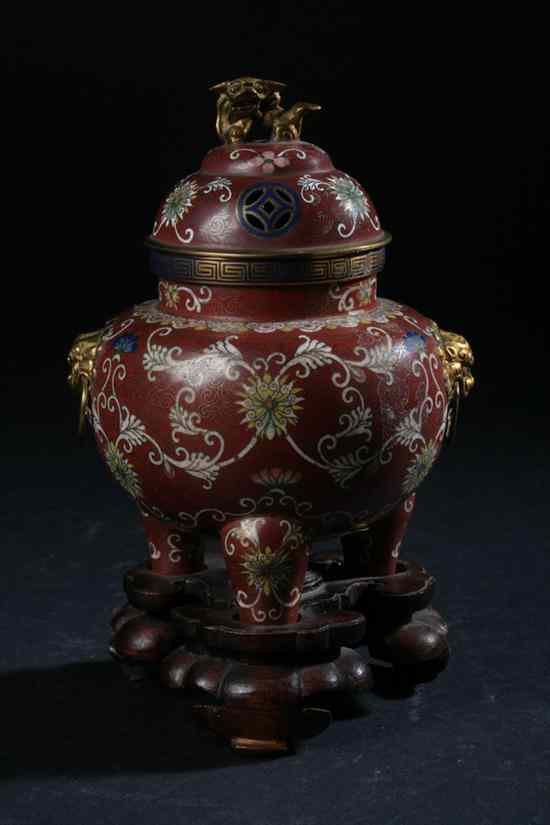 Appraisal: CHINESE CLOISONN ENAMEL CENSER AND WOOD STAND Floral decoration fu