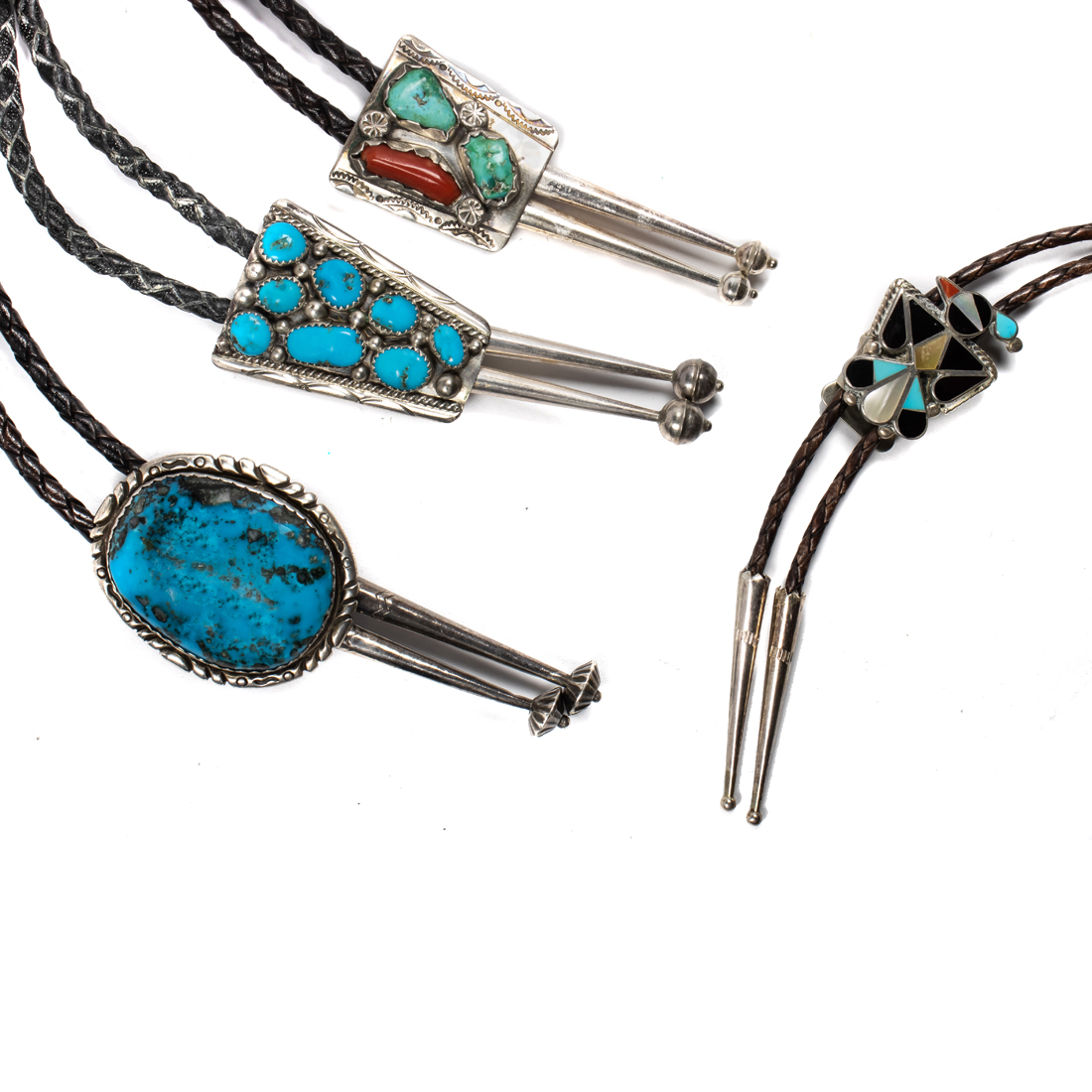 Appraisal: LOT OF NAVAJO OR ZUNI TURQUOISE AND CORAL BOLO SILVER