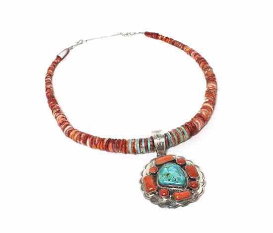 Appraisal: A Spondylus Turquoise Graduated Disk Necklace Gale Yazzie having coral