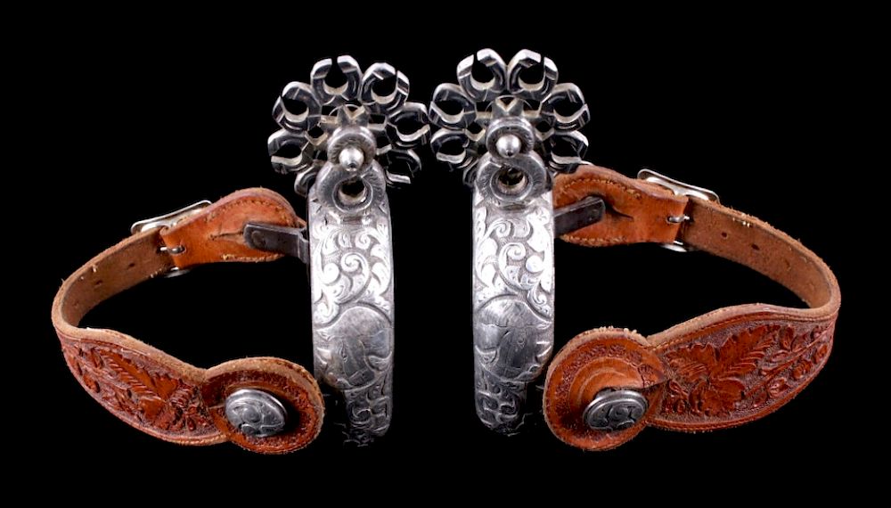 Appraisal: Early Vaquero Mexican Silver Overlay Spurs This lot features an