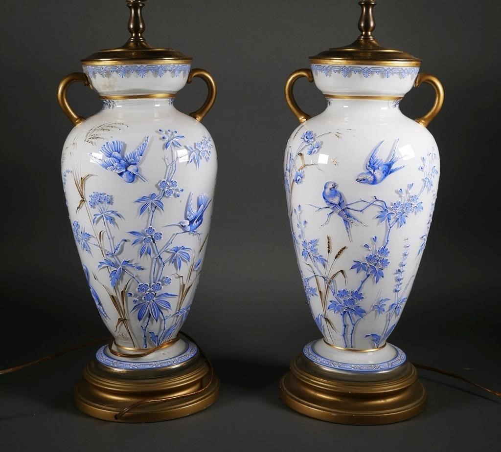 Appraisal: PAIR VICTORIAN GLASS HANDPAINTED URN LAMPSPair of antique Victorian handpainted