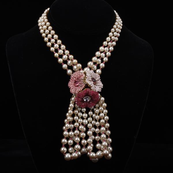 Appraisal: Miriam Haskell Multi-strand Faux Pearl Tassel Necklace with Beaded Floral