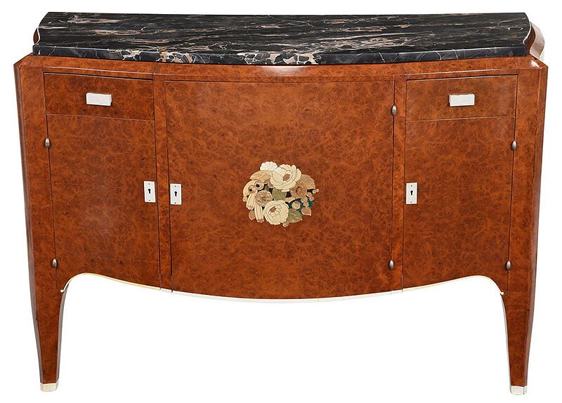 Appraisal: Fine Art Deco Marquetry Inlaid Marble Top Cabinet Jules Leleu