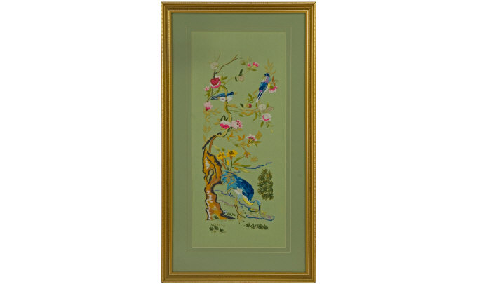 Appraisal: Framed Oriental Tapestry Birds And Floral Decoration Height Inches x