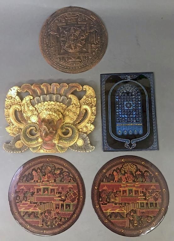 Appraisal: Five Asian Plaques Five Asian plaques to include a metal