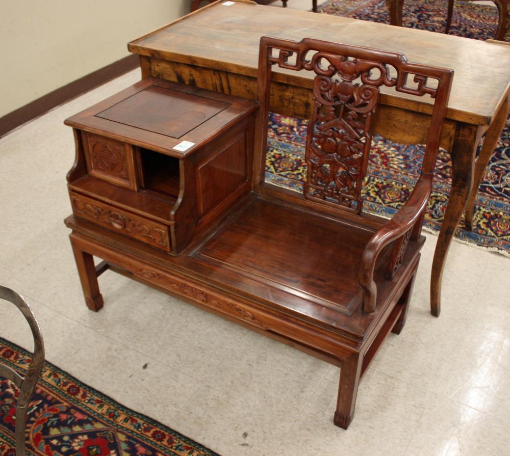 Appraisal: CARVED ROSEWOOD TELEPHONE BENCH Chinese th century an integral armchair