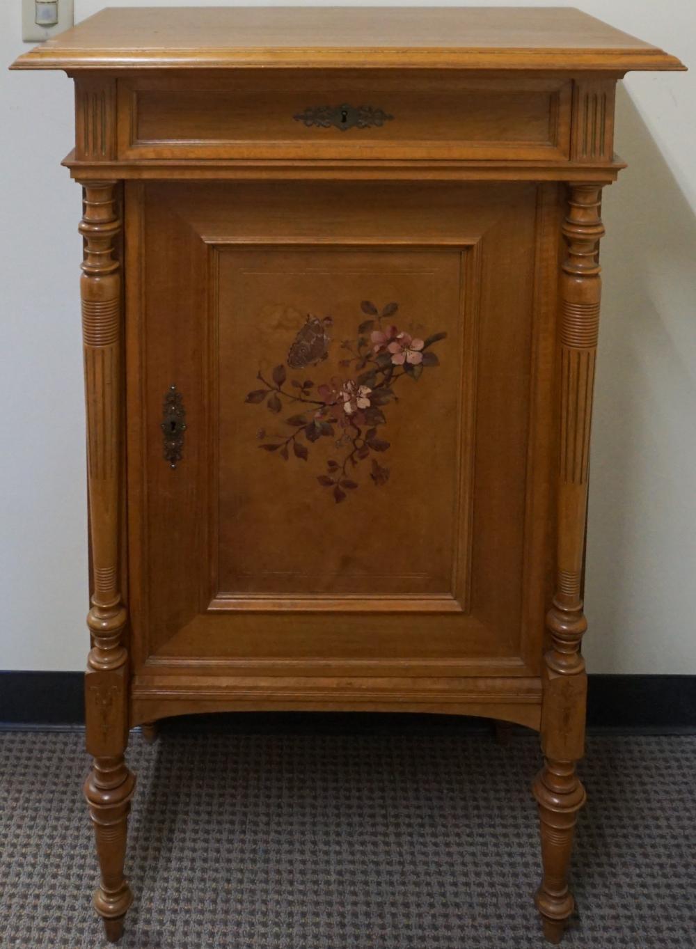 Appraisal: Edwardian Style Enamel Decorated Mahogany Side Cabinet with Painted Leather