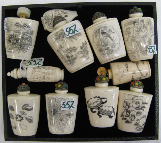 Appraisal: ELEVEN SCRIMSHAW BONE SNUFF BOTTLES in various form size and