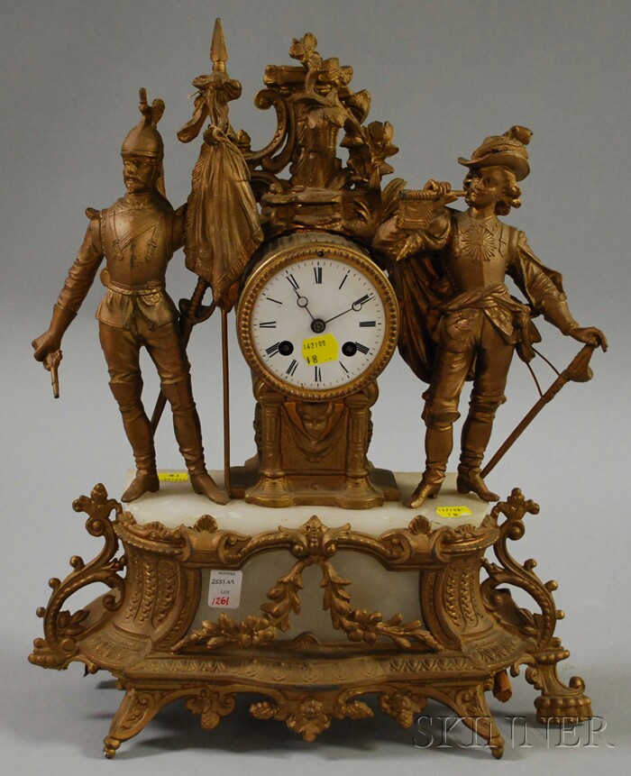 Appraisal: Gold-painted Figural Cast Metal and Alabaster Mantel Clock with enamel