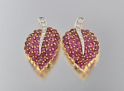 Appraisal: A Pair of Ruby and Diamond Leaf Shape Earclips Mounted