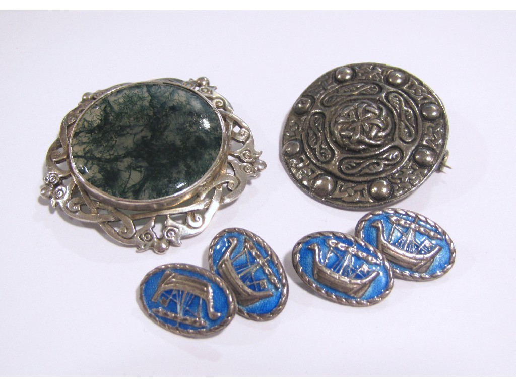 Appraisal: Lot comprising a pair of silver and enamel Viking ship