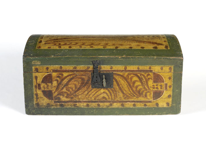 Appraisal: MATTESON-TYPE GREEN AND MUSTARD PAINTED AND DECORATED DOME-TOP DOCUMENT BOX