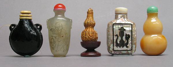 Appraisal: Five snuff bottles The first a bamboo bottle woven as