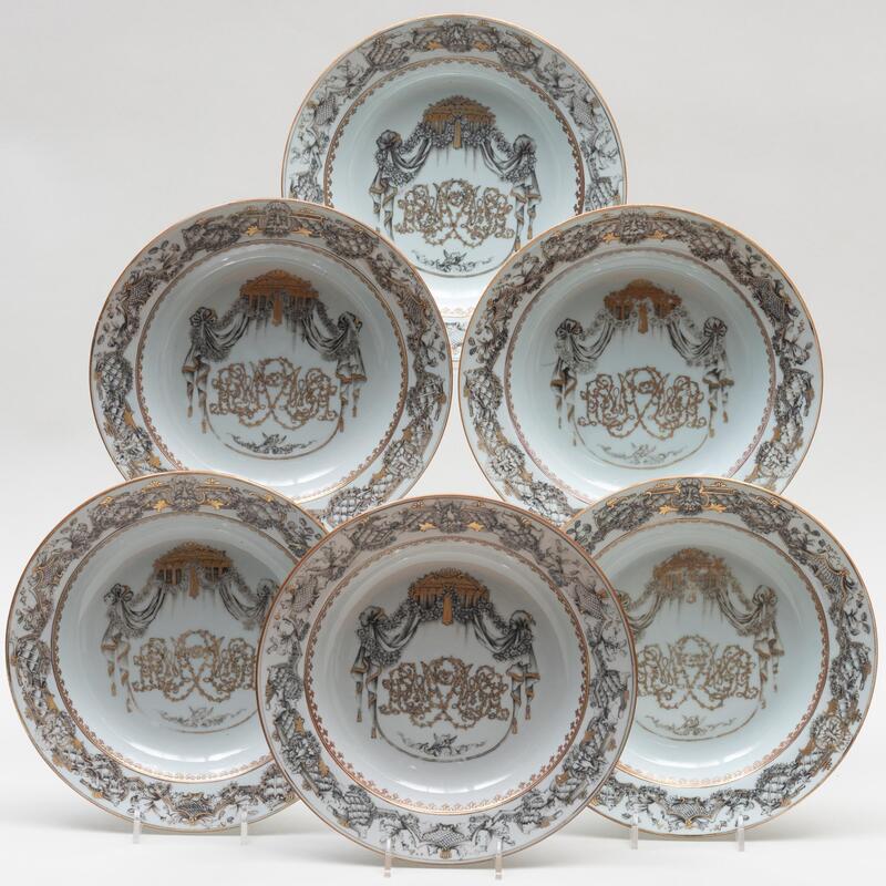 Appraisal: Set of Ten Chinese Export Grisaille Decorated Porcelain Monogrammed Soup