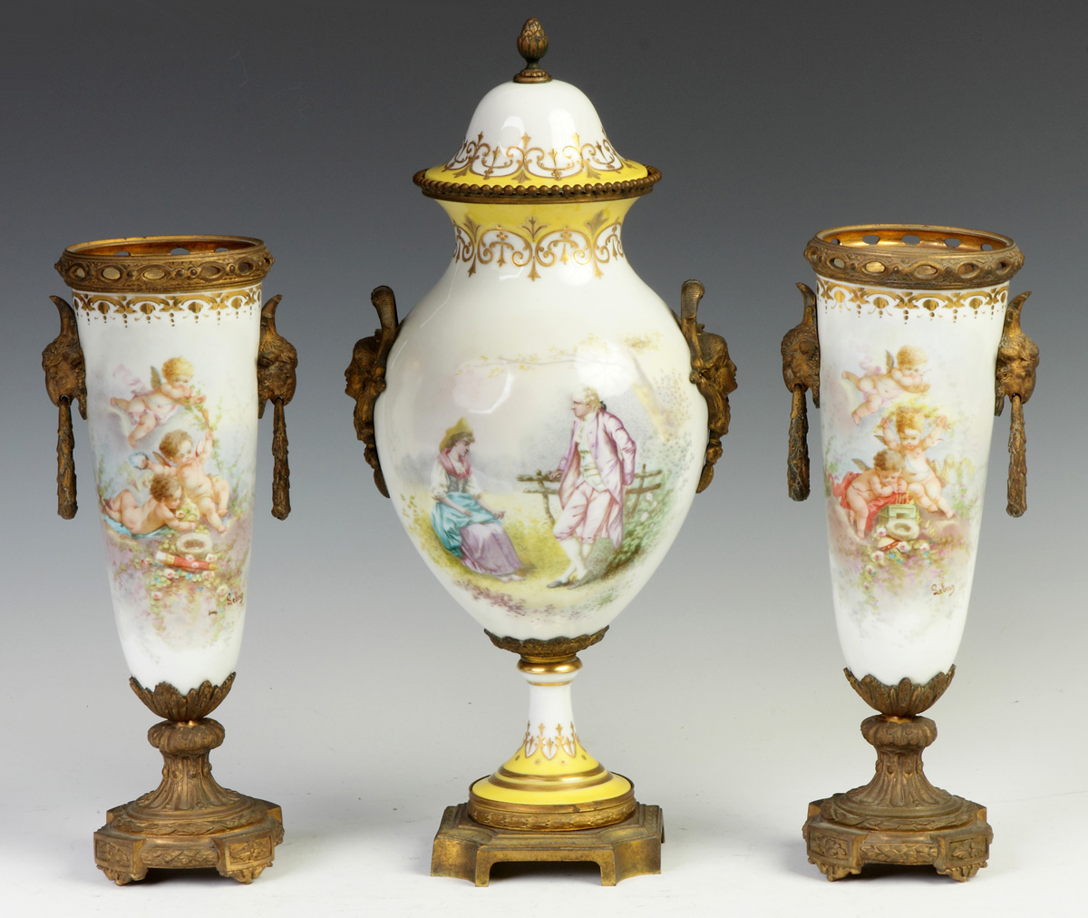 Appraisal: French Sevres Style Hand Painted Porcelain Garnitures Covered Urn th