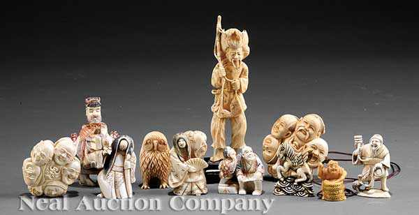 Appraisal: A Collection of Eleven Japanese Ivory Figural Netsuke and Okimono