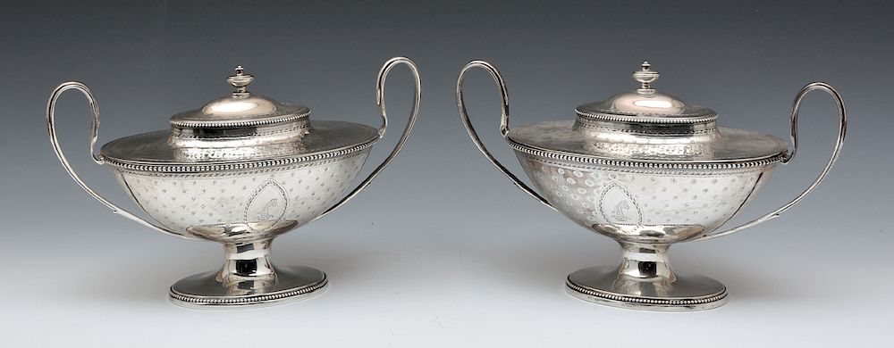 Appraisal: Pair of Georgian sterling silver covered sauce tureens Pair of