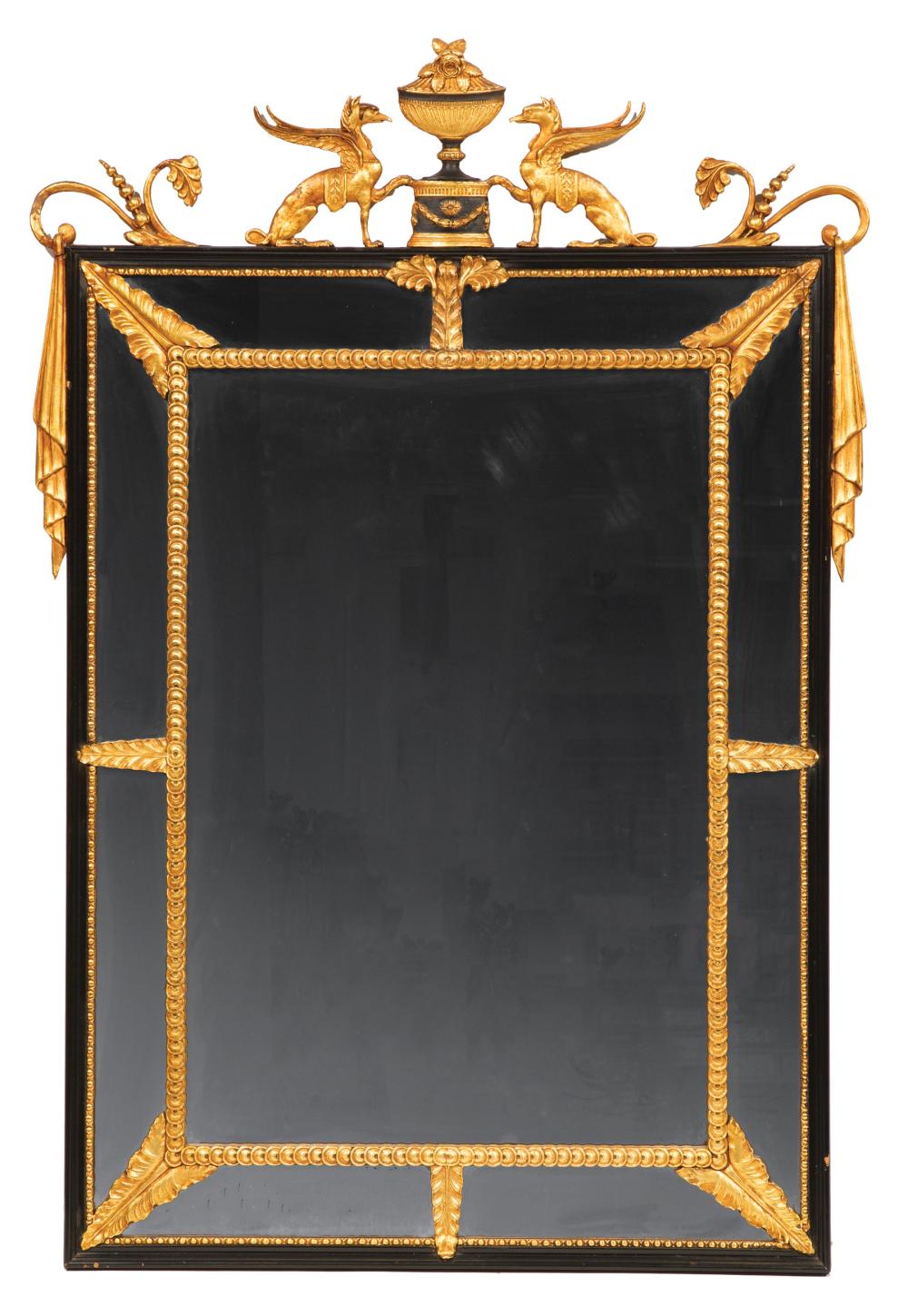 Appraisal: Neoclassical-Style Ebonized and Giltwood Mirror urn and griffin crest draped