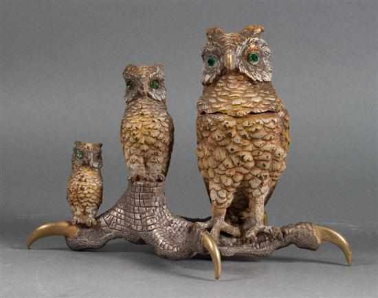 Appraisal: Austrian cold painted bronze figural inkwell of three owls perched