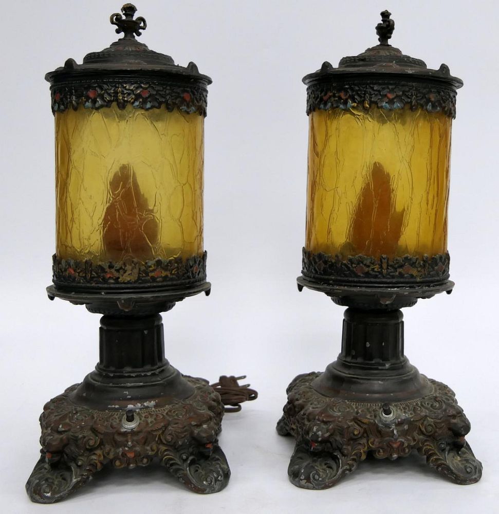 Appraisal: PAIR OF UNUSUAL DECO STYLE AMBER TABLE LAMPS Each measures