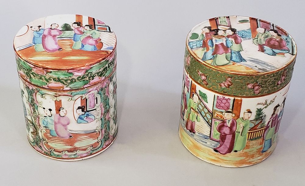 Appraisal: Two th Century Chinese Rose Medallion Cylindrical Covered Boxes Two