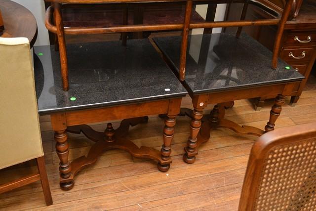 Appraisal: PAIR OF BLACK STONE TOP TURNED LEG SIDETABLES WITH X