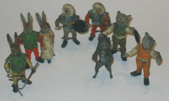 Appraisal: SIX COLD PAINTED METAL ANIMAL 'NODDER' FIGURES Depicting cats rabbits