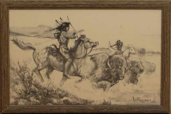 Appraisal: Rick Wisecarver Charcoal Sketch of Native Americans hunting Buffalo ''