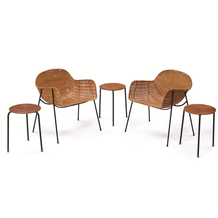 Appraisal: s patio chairs pair with three Danish stacking stools chairs