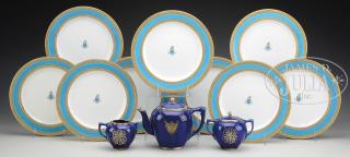 Appraisal: NINE DECORATED SERVICE PLACES AND THREE-PIECE SILVER OVERLAY PORCELAIN TEA