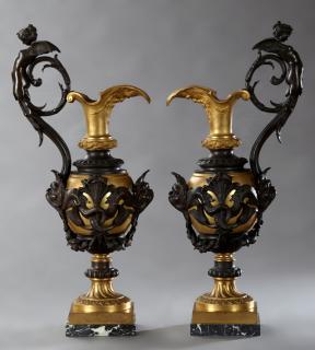 Appraisal: Exceptional Pair of Gilt and Patinated Bronze and Marble Ewers