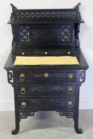 Appraisal: Aesthetic Movement Japanesque Ebonized Desk With pullout writing surface From