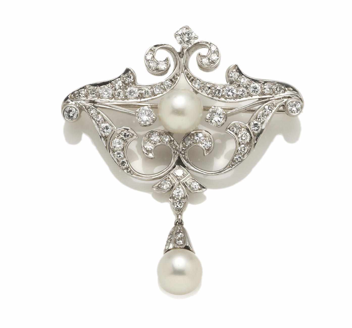 Appraisal: A cultured pearl and diamond brooch cultured pearls measuring approximately