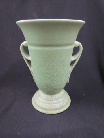 Appraisal: RumRill Pottery Vase green frogskin glaze handled tall Arts Crafts