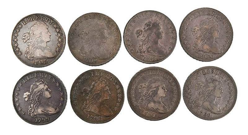 Appraisal: Group of Eight Draped Bust Silver Dollars group consists of