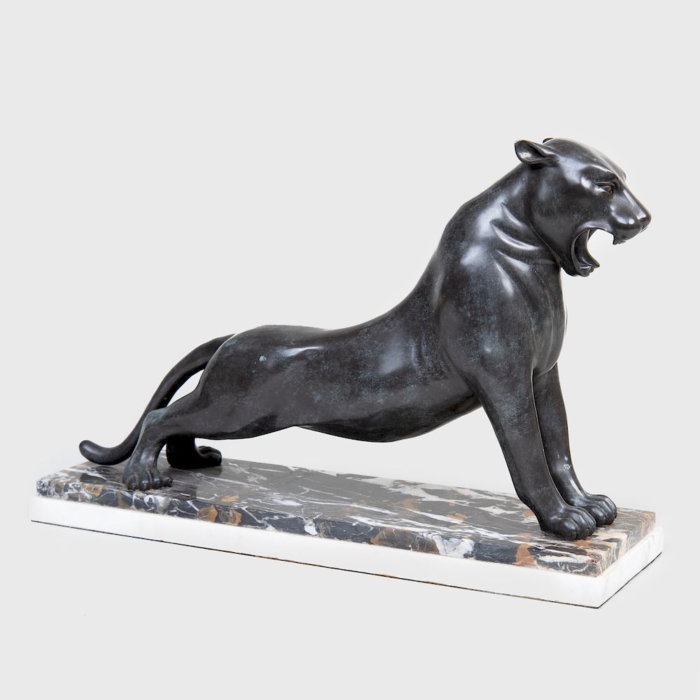 Appraisal: Art Deco Style Bronze Panther Unsigned on a marble base