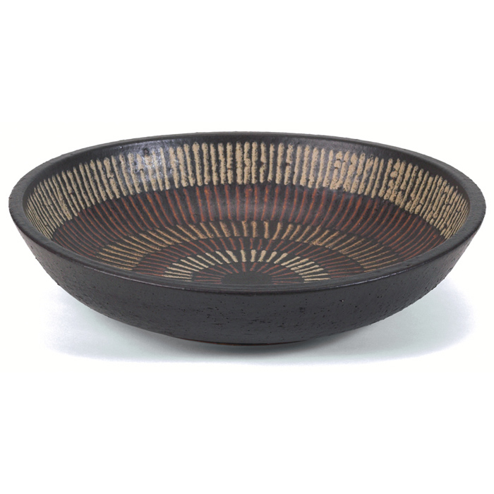 Appraisal: Clyde Burt shallow bowl glazed stoneware with carved concentric lines