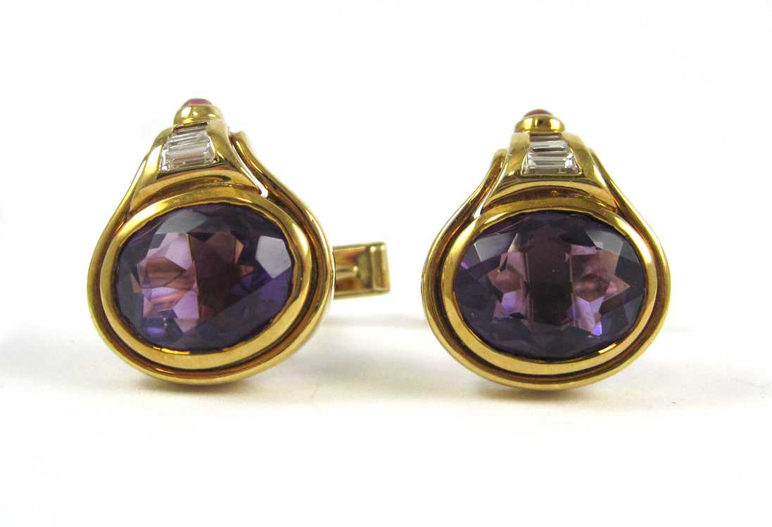 Appraisal: PAIR OF AMETHYST RUBY AND DIAMOND CUFFLINKS each k yellow