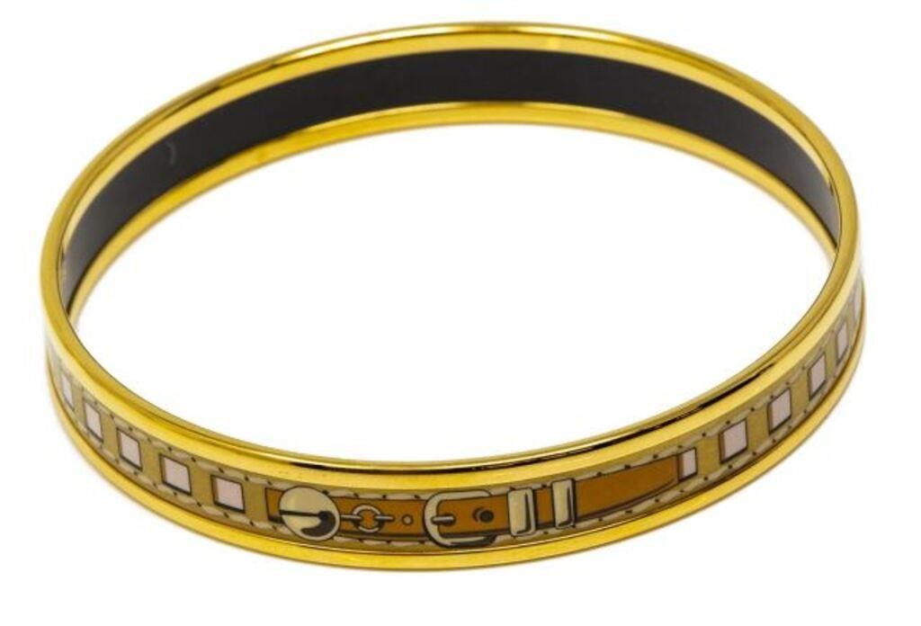 Appraisal: Hermes gold-plated and enamel bangle bracelet brown and gilt belt