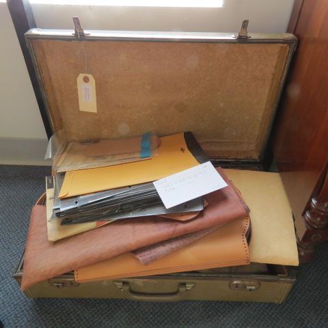 Appraisal: Estate Lot of Leather Working Tools plusleather pieces in suitcase