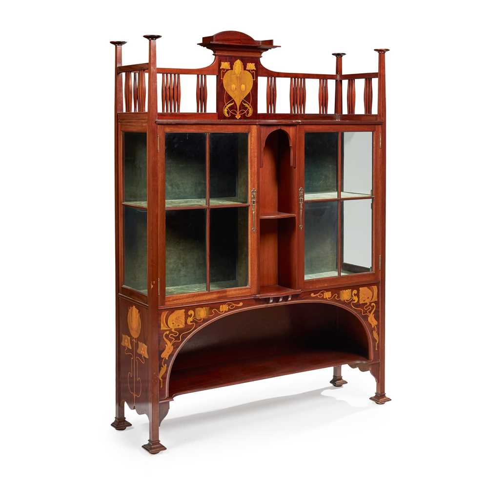 Appraisal: SHAPLAND PETTER BARNSTAPLE ARTS CRAFTS DISPLAY CABINET CIRCA mahogany fruitwood