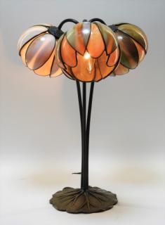 Appraisal: Slag Glass Light Water Lily Bronze Table Lamp UNITED STATES