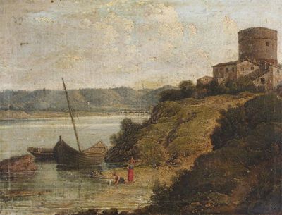 Appraisal: Follower of Richard Wilson Italianate landscape with washerwomen by a